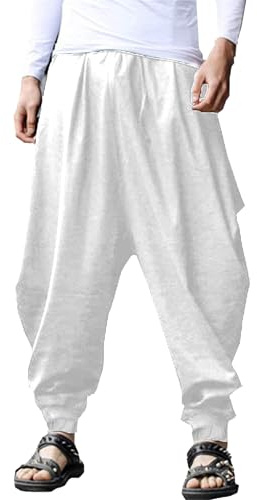 YAOHUOLE Haremsbyxor Herr Långa Säckiga Pumpbyxor Med Fickor Elastisk Midja, 01 Vit, XL