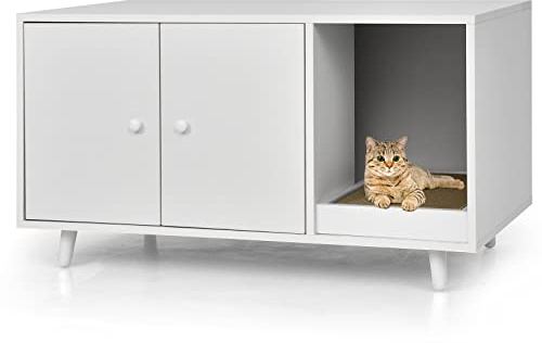 COSTWAY 3 en 1 Casa para Gatos con Rascador Extraíble, Mesa de Centro Auxiliar de Madera, Cueva para Gatos con 2 Puertas, Mueble Arenero de 90 x 50 x 50 cm (Blanco)