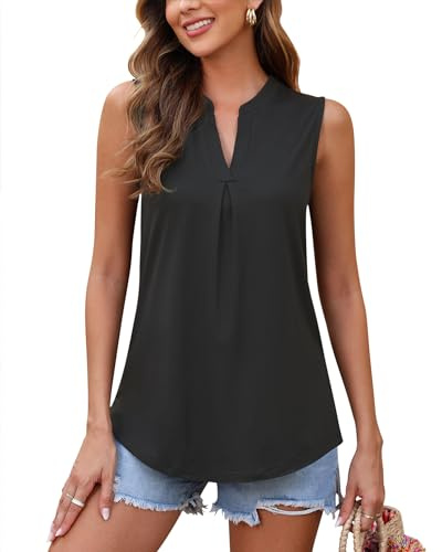 WNEEDU Tank Top Damen Sommer - Ärmellose Bluse Elegant V-Ausschnitt Lässiges Oberteil Tanktop Trägershirt für Frauen Lang(Black,XL)