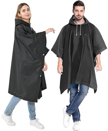GUKOY Reusable Rain Ponchos for Adults, 2 Pcs Raincoats (Pack of 1) Emergency for Women Men with Hood Black