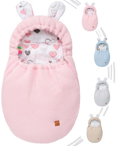 Mikos Einschlagdecke Babyschale Herbst Winter, Baby Fußsack mit Zip 100% Baumwolle GOTS Zert. Strickdecke mit Füllung Universal für Kinderwagen Buggys Frühling Maxi Cosi 3 Punkt Gurt (50) (Rosa)