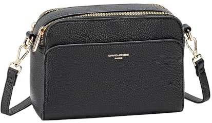 David Jones Paris - Pochette Femme - Sac bandoulière - Porté épaule - Similicuir - Taille Petite - Double Compartiment - Pratique Travail Ville Chic Classique Sortie Weekend (BLACK)