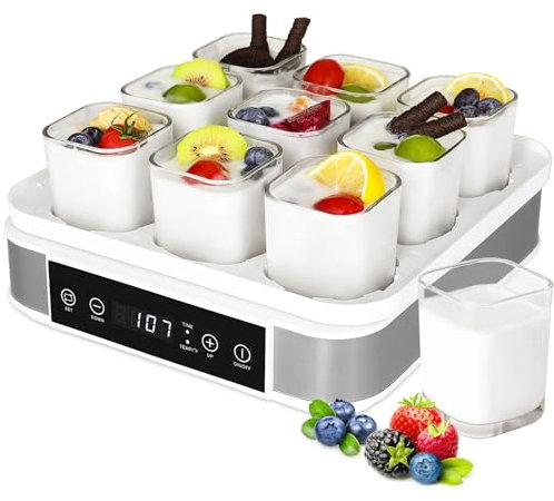 SONLED Yogurtiera Digitale, Yogurtiera Digitale con Controllo della Temperatura e del Tempo, Altezza 5,7, Vasetti di Vetro da 9 Pezzi Macchina per Yogurtiera in Acciaio Inossidabile da 52 Oz