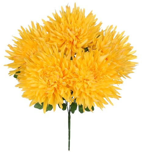 Hollyone Yellow Artificial Mums Flowers Bush 5 Heads Silk Chrysanthemum Flowers Stems Wedding Bouquets Faux Spider Mum Flowers Large Floral Arrangements Fake Pincushion Flower for Home Decor