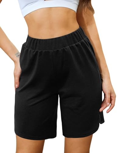 Terecey Pantaloncini Donna Estivi Pantaloni Corti Sportivi in Cotone Larghi Gamba Dritta Strisce Laterali Shorts da Casa Tennis con Tasche e Coulisse Regolabile, Inchiostro Nero XXL