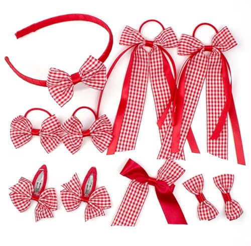 Back to School Hair Bows/Clips/Hairband/Gingham Red & White New 10 Piece Hair Clip/Bow and Hairband Set. Perfect for Starting School. Girls/School/New/Accessories/Checked Pattern