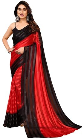 SAREE for WOMEN ETHNICMODE Indian Soft Satin Light Weight Party Wear Red Sari With Unstitched Black Blouse Piece-1105