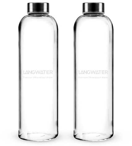 LANG WATER Botellas de agua de cristal con tapón de metal – 1 L (juego de 2) – Jarra de cristal versátil para bebidas calientes/frías