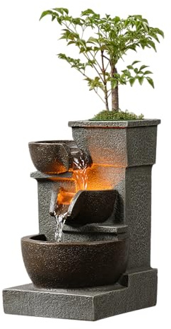 Fontana a Cascata da Tavolo, Fontana Zen per Interni con Tre Bacini, Cascata con Luci LED, Pietre Naturali, Perfetta per Casa, Ufficio, Yoga, Pompa Inclusa (22025N)