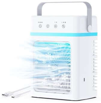 Mini Aire Acondicionado Portatil 3 en 1, Enfriador de Aire 900ML con 3 Velocidades de Aire, 3 Niveles de Neblina, Temporizador 2/4/6H, Luz de Ambiente, USB 10W, Ideal para Habitación, Oficina y Viajes
