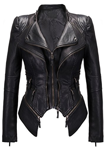 chouyatou Women's Fashion Studded Perfectly Shaping Faux Leather Biker Jacket (Medium, New-Black)