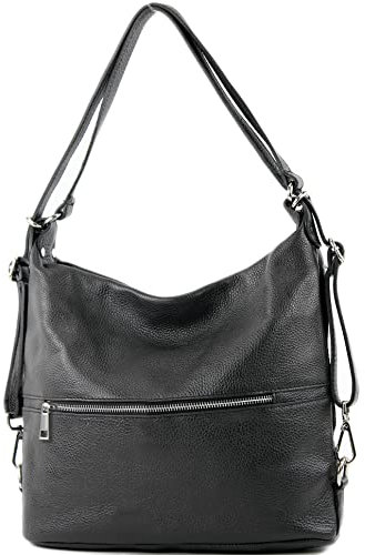 modamoda de T189 Damen Leder Rucksack Damentasche 2in1 handmade in Italy, Farbe:Schwarz