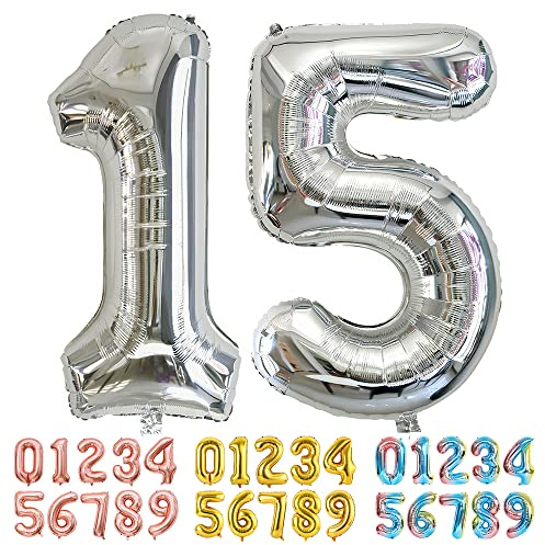 Ponmoo Foil Balloon Number 15/51 Silver, Giant Numbers 0 1 2 3 4 5 6 7 8 9 10-19 20-29 30-39 40-49 50-60-70-80-90-100, Large Balloons for Wedding Anniversary Birthday Party Decoration