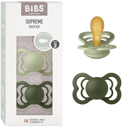 BIBS Supreme Soother 2-Pack, BPA Free Dummy Pacifier, Symmetrical Nipple. Natural Rubber Latex, Size 2 (6-18 Months), Sage/Hunter Green