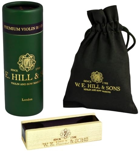 W. E. Hill & Sons Premium Dark/Medium Hard Violin Rosin - For Advanced and Profesional Players - With Presentation Case, Drawstring Storage Bag and Maple Holder.