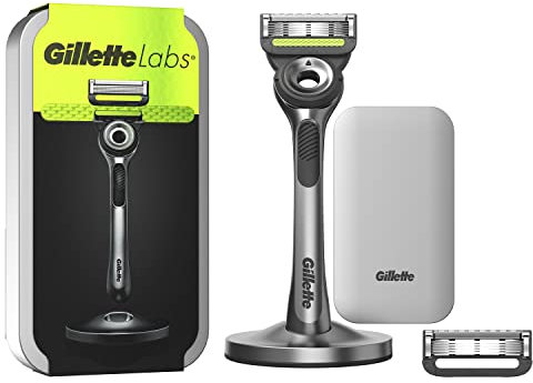 GilletteLabs Avec Barre Exfoliante, Rasoir Pour Homme De Gillette, 1 Manche, - 2 Recharges De Lames, Trousse De Voyage Pour Ranger Vos Produits + Support, Idée Coffret Cadeau Homme