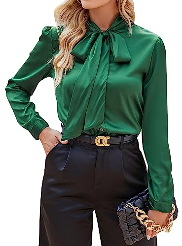 MINTLIMIT Women's Silk Blouse Long Sleeve Bow Tie Neck Satin Button Down Shirts Casual Work Office Ladies Blouse Tops