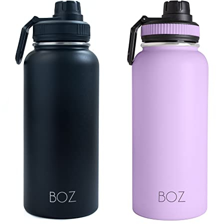 BOZ Stainless Steel Water Bottles 2 Pack Bundle - Black Water Bottle + Lavender Water Bottle - Insulated Water Bottles 1l - Wide Mouth BPA Free Metal Water Bottles for Gym with Spout Lid
