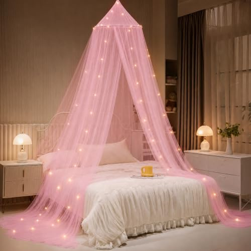 Baldacchino per letto con luci, baldacchino per ragazze principessa con stelle luminose, tende da letto a baldacchino per letto matrimoniale o king size, decorazione per interni per bambini, adulti,