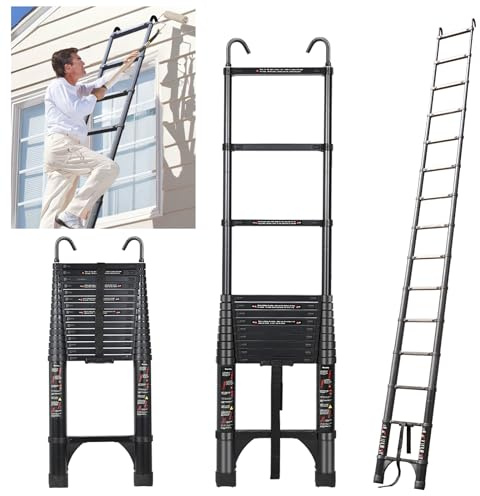JADDUO 20.3 FT Telescopic Ladder, Aluminium Black Telescoping Ladder with Non-Slip Feet and Stable Hook, Portable Extension Ladder for Household and Outdoor Working, Heavy Duty 330 lbs Max Capacity