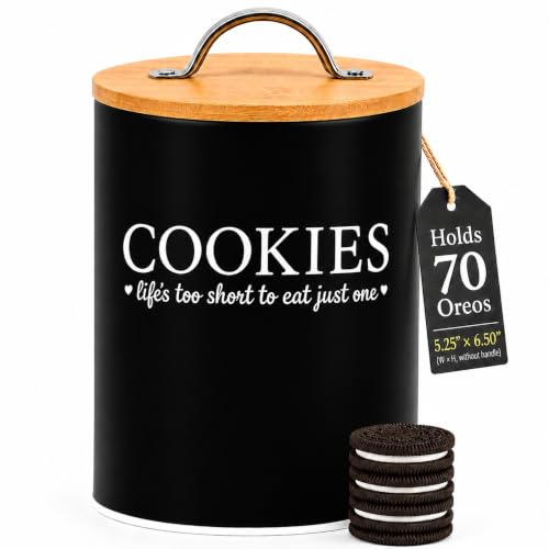 D'Lifeful Cookie Jar with Airtight Bamboo Lid – 0.6 Gallon Cute and Decorative Cookie Storage for Kitchen Countertop – Farmhouse Storage Tin for Freshness – Great Gift Idea