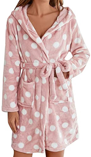 Bademantel Damen Flauschig Mit Kapuze - Fleece Morgenmantel Damen Kurz Punkt Saunamantel Mit Taschen Und Bindegürtel Plüsch Fleece Hausmantel Flanell Loungewear Kuschelig Nachtwäsche Nachthemden