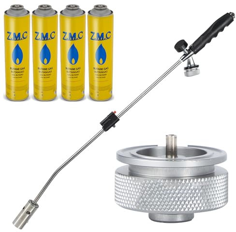ZMC Unkrautvernichter 2,5 kW + 4 Gaskartuschen 330g, inkl Adapter für Eurogewinde, Unkrautbrenner mit Piezo-Zündung, Abflammgerät mit einstellbarer Flammenleistung bis zu 1400 °C