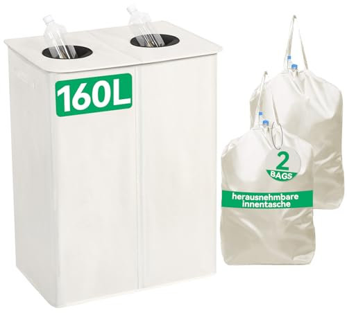 WOWLIVE Collecteur de bouteilles consignées 160 l avec 2 compartiments et 2 sacs de transport, collecteur de bouteilles avec trou, pour cuisine, salle de rangement, beige