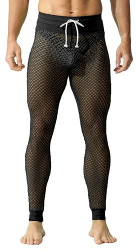 YUFEIDA Herren Lange Unterhosen Fischnetz Mesh atmungsaktiv Hose Taille verstellbar Strumpfhose Leggings Sportleggings für Herren