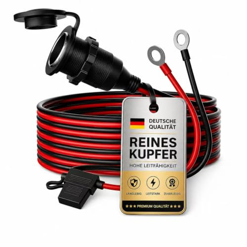 RGBer Prise allume-cigare 12 V/24 V | Prise allume-cigare avec câble, fusible et œillets annulaires 20 A | Prise allume-cigare étanche pour moto, camping-car, bateau