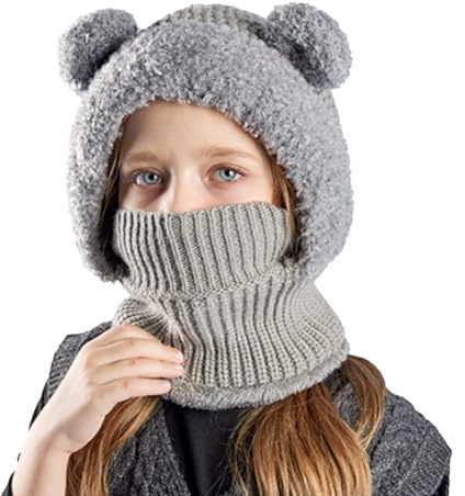 Koerye Bambini Cappello Invernali 4 a 10 Anni Carina Maglia Berretti Calda Berretto in Pile per Bambini Cappuccio a Maglia Sciarpa Copricapo Balaclava Cappello da Sci Grigio