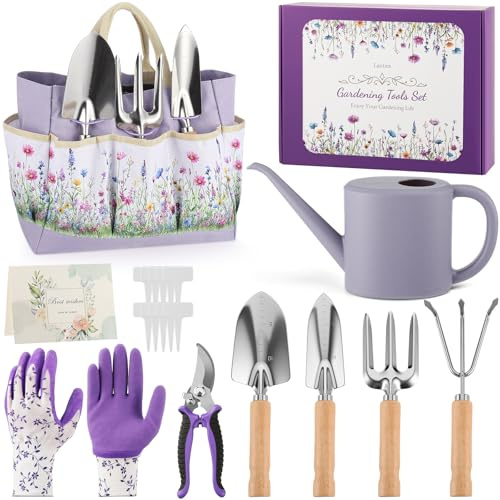 Lanties 21-teiliges Gartenwerkzeug-Set, robuste Gartengeschenke für Frauen, Ehefrau, Oma, Garten-Handwerkzeuge mit lila Blumen-Tragetasche, Wasserkanne, Gartenbedarf-Set für Weihnachten, weißer