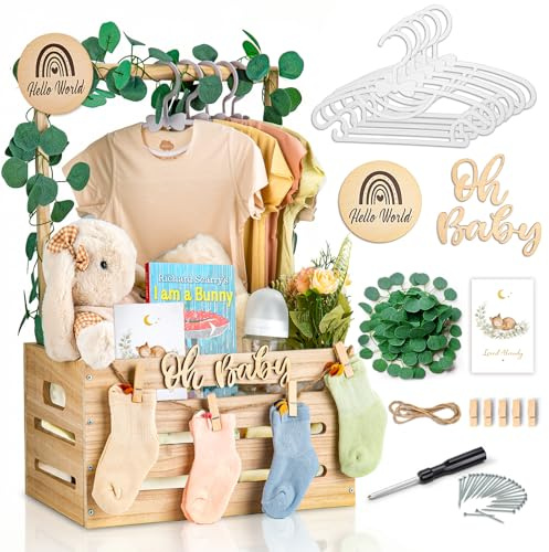 Wooden Baby Shower Crate Closet - Personalized Baby Gift Baskets with Hangers, Large Newborn Boys Girls Clothes Storage Box for Newborn New Parent