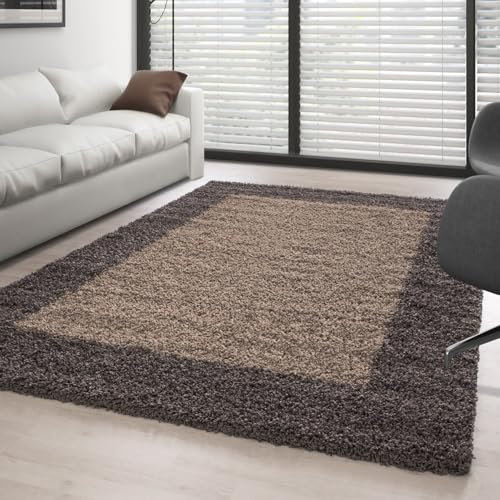 Carpettex Hochflor Teppich Wohnzimmer Shaggy Flokati Teppich Modern Bordüre Design 300 x 400 cm Taupe - Teppich Schlafzimmer Weich Flauschig Waschbar Teppich Küche Esszimmer - Langflor Teppiche