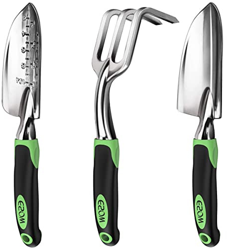 ESOW Garden Tool Set, 3 Piece Cast-Aluminum Heavy Duty Gardening Kit Includes Hand Trowel, Transplant Trowel and Cultivator Hand Rake with Soft Rubberized Non-Slip Ergonomic Handle, Garden Gifts