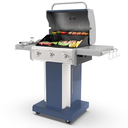 Kenmore Griglia per barbecue a propano a 3 fuochi, griglia a gas da 30.000 BTU con griglie di cottura in ghisa, tavoli laterali pieghevoli e ruote, griglia esterna con ganci