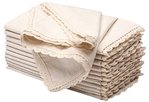 Homidate Cloth Dinner Napkins Linen Flax Cotton 18x18 Set of 12 – Natural with Lace & Mitered Corners – Machine Washable Reusable Fabric Napkins for Weddings, Parties & Table Decorations