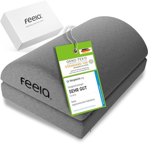 feela.® Fußstütze Schreibtisch [VERGLEICHSSIEGER] – Ergonomische Fußablage mit Premium Schaumstoffkern, rutschfest & höhenverstellbar – Fußhocker & Footrest fürs Büro & Homeoffice (Dunkelgrau)