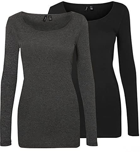 VERO MODA Maglia a Maniche Lunghe da Donna (Confezione da 2), Grigio/Nero (1 x Grigio Scuro/1 x Nero), XL