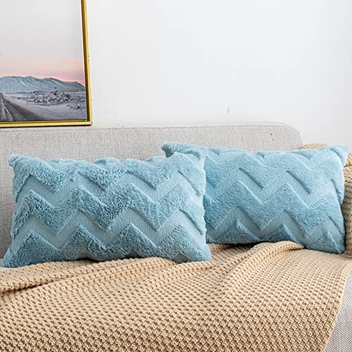 Yamonic Wolle Kissenbezüge Weich Dekokissen Welle Polyster Sofakissen Couchkissen, Kissenbezug mit Verstecktem Reißverschluss, 2er Set Zierkissenbezug für Wohnzimmer Schlafzimmer, 30x50cm, Hellblau