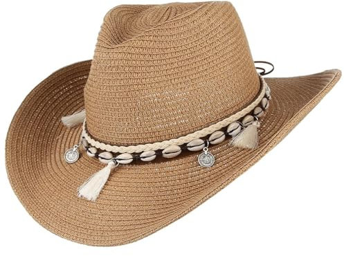 EOZY Cowboyhut Strohhut Damen Sonnenhut Sommer Strandhut Westernhut Panama Hut M Khaki
