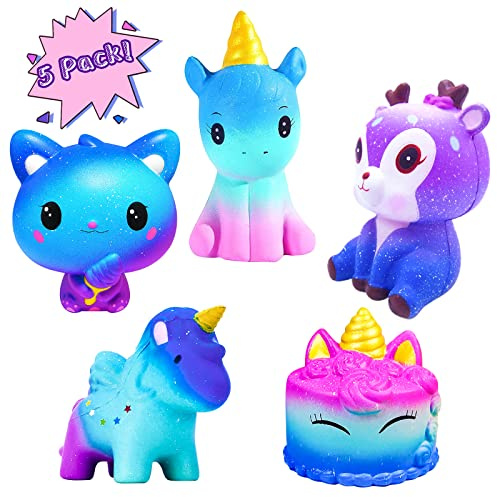 Jouets Squishies, Jouets Squishy à Rising Lent Galaxy Jumbo Squishies Parfumé Soulagement du Stress Squeeze Pack Comprend Dent de Cerf Panda Licorne pour Enfants Adultes