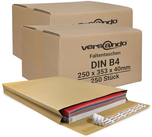 versando 250 bolsas plegables DIN B4 (250 x 353 x 40 mm) 4 cm pliegue para el suelo, color marrón
