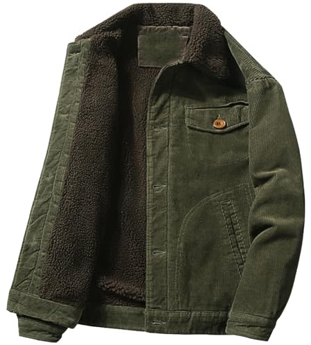 Juneyou Giacca da uomo in velluto a coste con colletto rialzato, foderato in sherpa, caldo cappotto con tasche, Verde militare, L