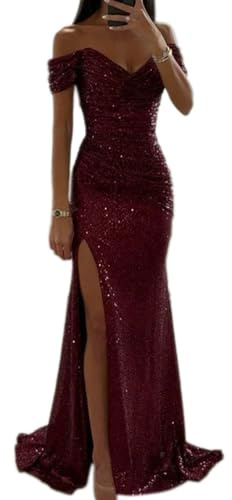 Tomwell Robe de Soirée Cocktail Femme Élégante Col V à Paillettes Robe Longue Sexy Slim Robe Fendues à Sequins Mode Maxi Dress A Rouge XS
