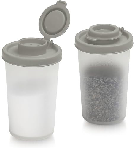 SIGNORAWARE - Set di 2 saliera e pepiera a prova di umidità, per campeggio, picnic, all'aperto, cucina, pranzo, spezie, set trasparente con coperchio grigio, dispenser ermetico in plastica