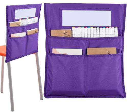 CRASPIRE Chair Buddy Storage Pocket 19 x 16.5in Chair Back Organizer Chart Purple with Name Tag Label Slot Students Seat Chairback Multiple Pockets for School Home Classroom Preschool Daycare Supplies