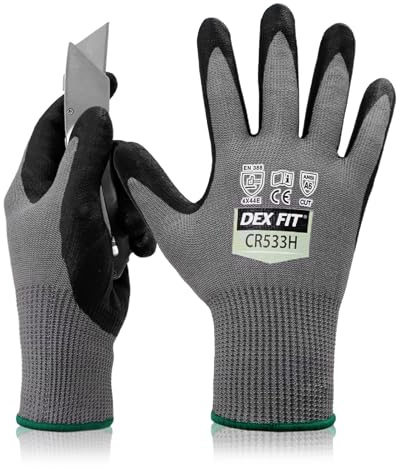 DEX FIT Guantes de Trabajo Anticorte CR533 - Guantes de Nitrilo Suaves, Sin Fibra de Vidrio, Agarre Firme, Ligeros, Aptos para Pantalla Táctil, Duraderos, Transpirables (Grey, Large(1 Pair))