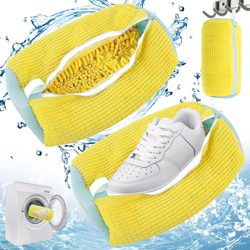 Begpoee 2 Piezas Saco Lavadora para Zapatos, Bolsa de Lavandería con Cremallera para Calzado Deportivo y Casual(Amarillo)