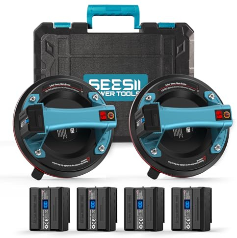 Seesii 2x Ventosa Elettrica per Sollevamento, Portata Massima 600LBS, Batteria da 4 x 2400mAh, Display Digitale, 8 Pollici Ventose per Vetro, Granito, Piastrelle, Metallo, Parabrezza
